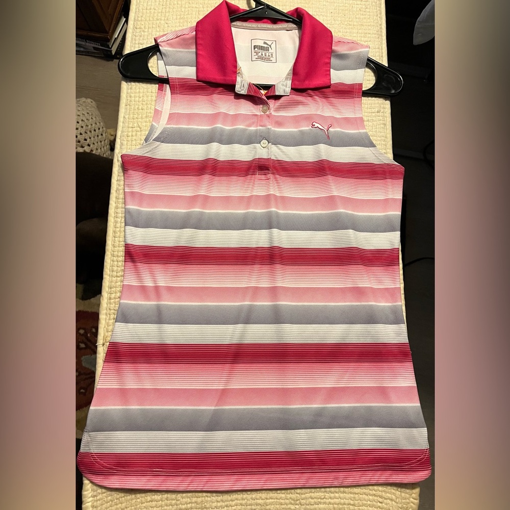 Puma Women's Pink and White Striped Sleeveless Golf Polo